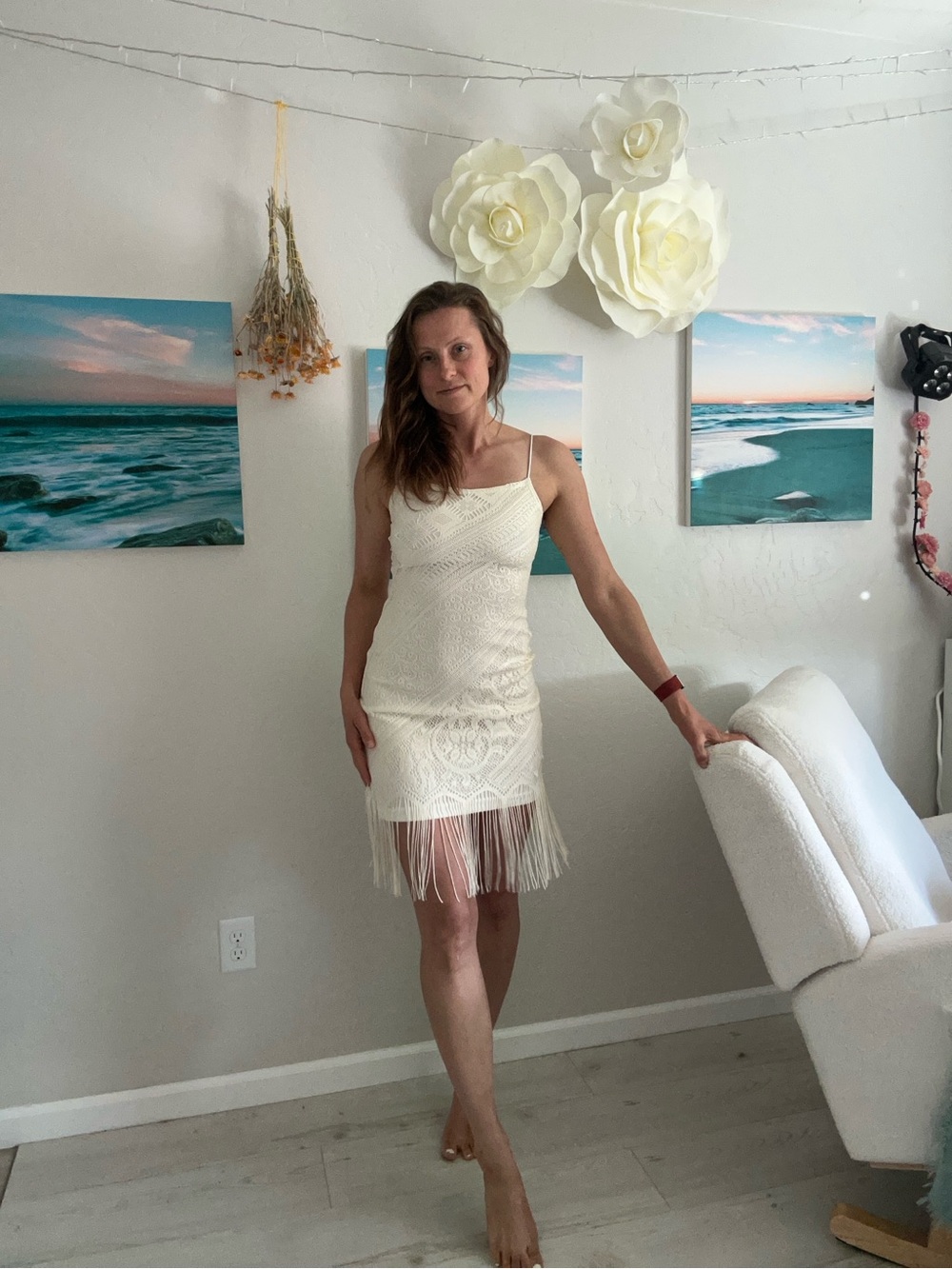 Jump Apparel co Cream Lace Mini Dress with Fringe Hem